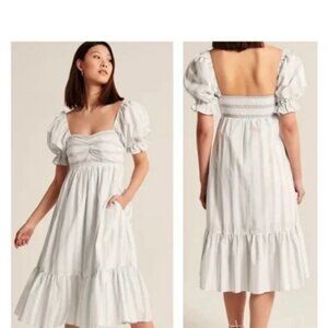 Abercrombie Mint Stripe Puff Sleeve Poplin Midi Dress